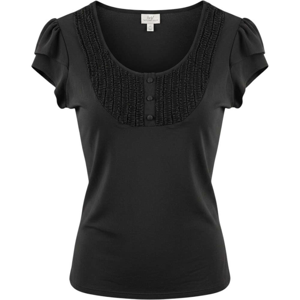 Worthington Stretch Black Ruffle Scoop Neck Flutter Sleeve Blouse Medium